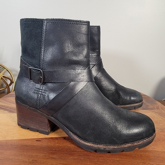 Sorel Cate Black Leather Waterproof Moto Boots Size 7.5 - Picture 3 of 17